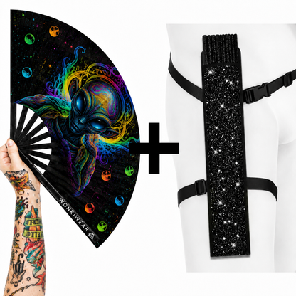 Voidwalker XL folding festival fan with optional black glitter adjustable fan holster
