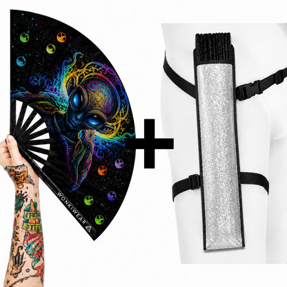 Voidwalker XL folding festival fan with optional silver glitter adjustable fan holster