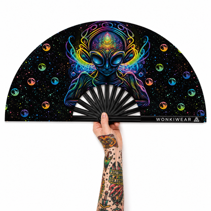 Voidwalker XL folding festival fan featuring psychedelic alien artwork with black bamboo ribs