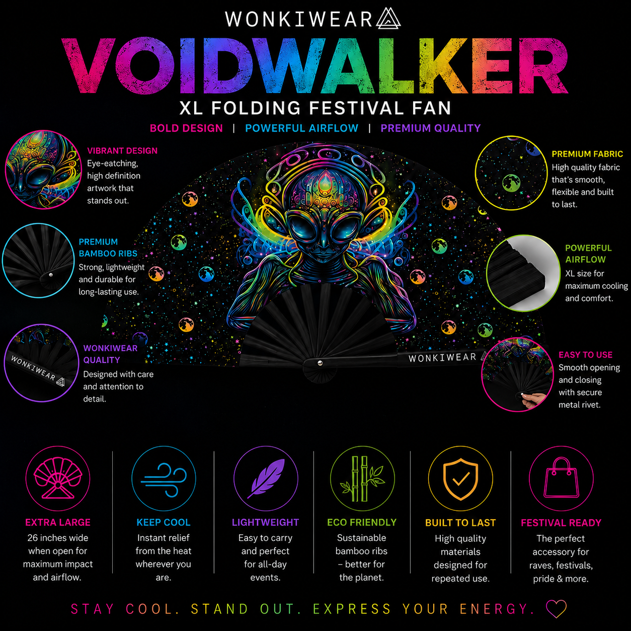 Benefits infographic highlighting the features of the Voidwalker XL folding festival fan