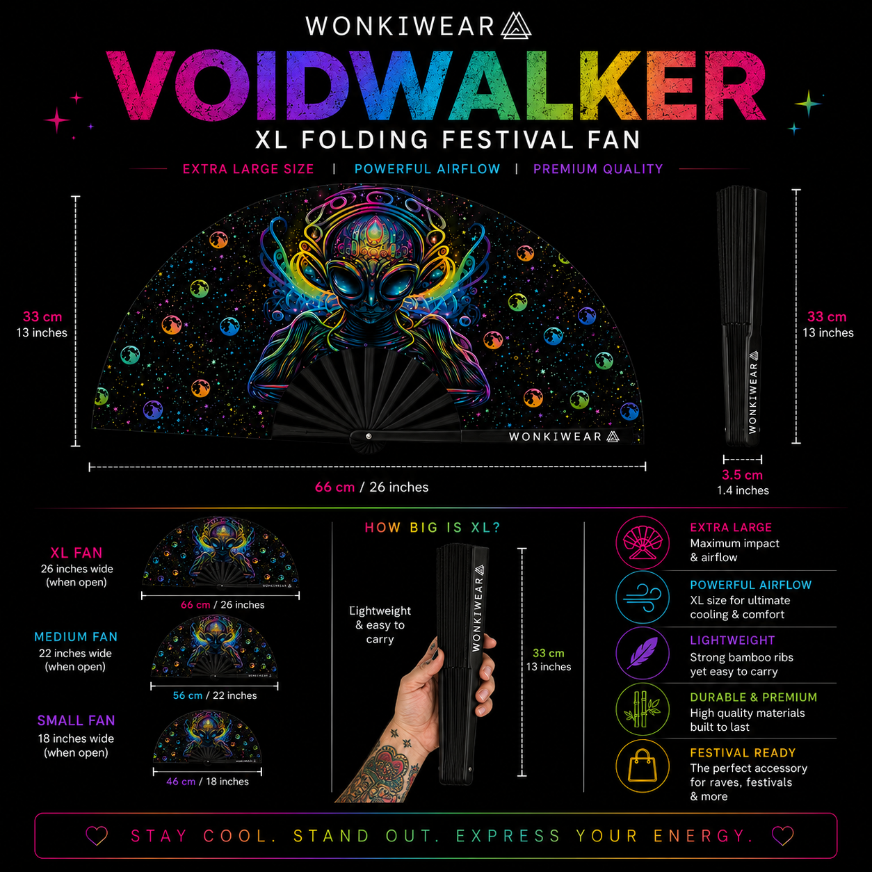 Size guide showing the dimensions of the Voidwalker XL folding festival fan