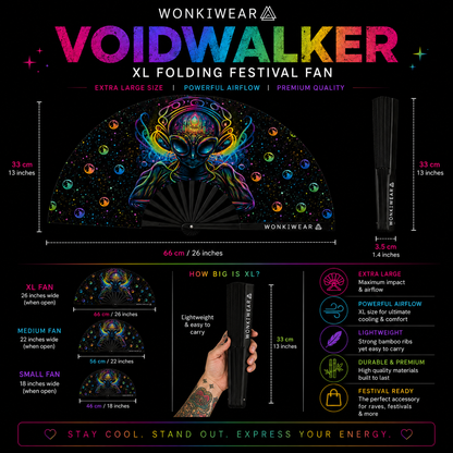 Size guide showing the dimensions of the Voidwalker XL folding festival fan