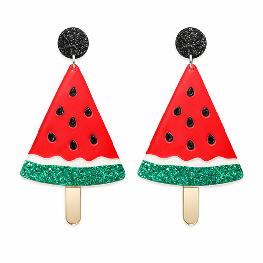 Watermelon statement drop earrings with glitter detail on white background