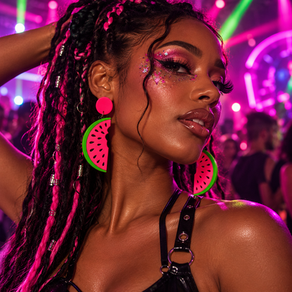 Pink and green watermelon festival earrings worn by a Black woman at a neon rave