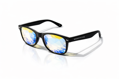 Wayfarer kaleidoscope glasses with prism lenses in black frame creating trippy light effects for festivals and raves