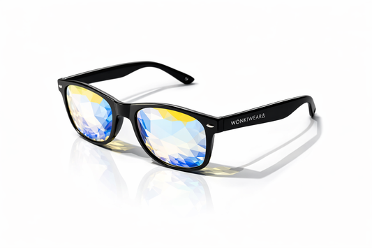 Wayfarer kaleidoscope glasses with prism lenses in black frame creating trippy light effects for festivals and raves