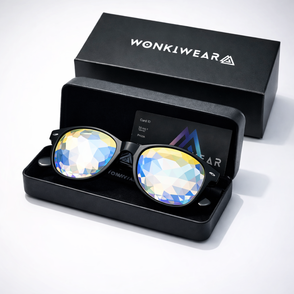Wayfarer kaleidoscope glasses premium set with hard case and prism lenses for festivals and raves