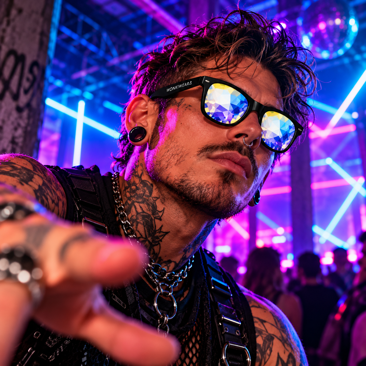 Male rave model wearing black Wayfarer kaleidoscope glasses with blue and yellow faceted lenses in a neon-lit underground techno club.