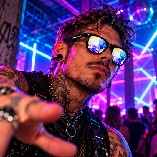 Male rave model wearing black Wayfarer kaleidoscope glasses with blue and yellow faceted lenses in a neon-lit underground techno club.