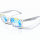 White frame wayfarer kaleidoscope glasses with prism lenses creating trippy light effects