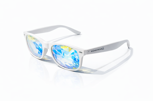 White frame wayfarer kaleidoscope glasses with prism lenses creating trippy light effects