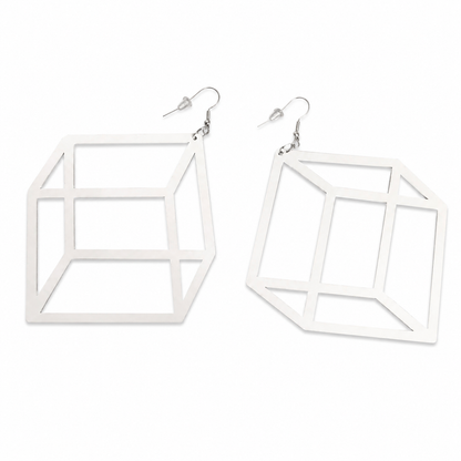 White geometric 3D illusion cube statement earrings on white background