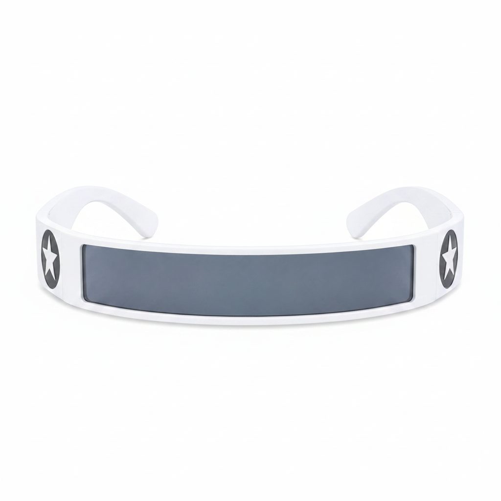White futuristic star shield festival sunglasses on white background