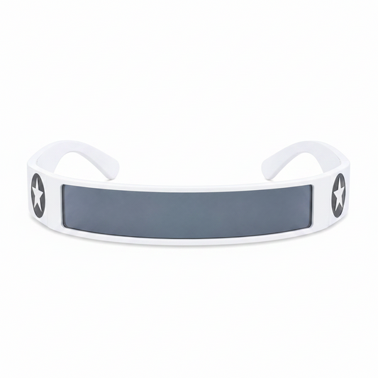 White futuristic star shield festival sunglasses on white background