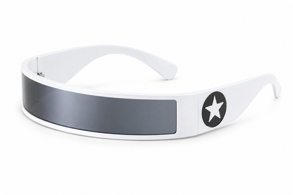 Angled view of white futuristic cyber rave sunglasses with star detail