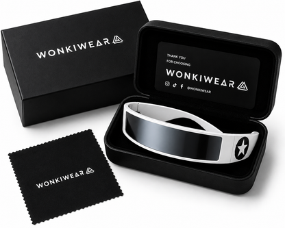 White futuristic star shield sunglasses in WonkiWear premium gift box