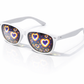 White frame heart diffraction glasses with rainbow love heart light effect lenses on a clean background