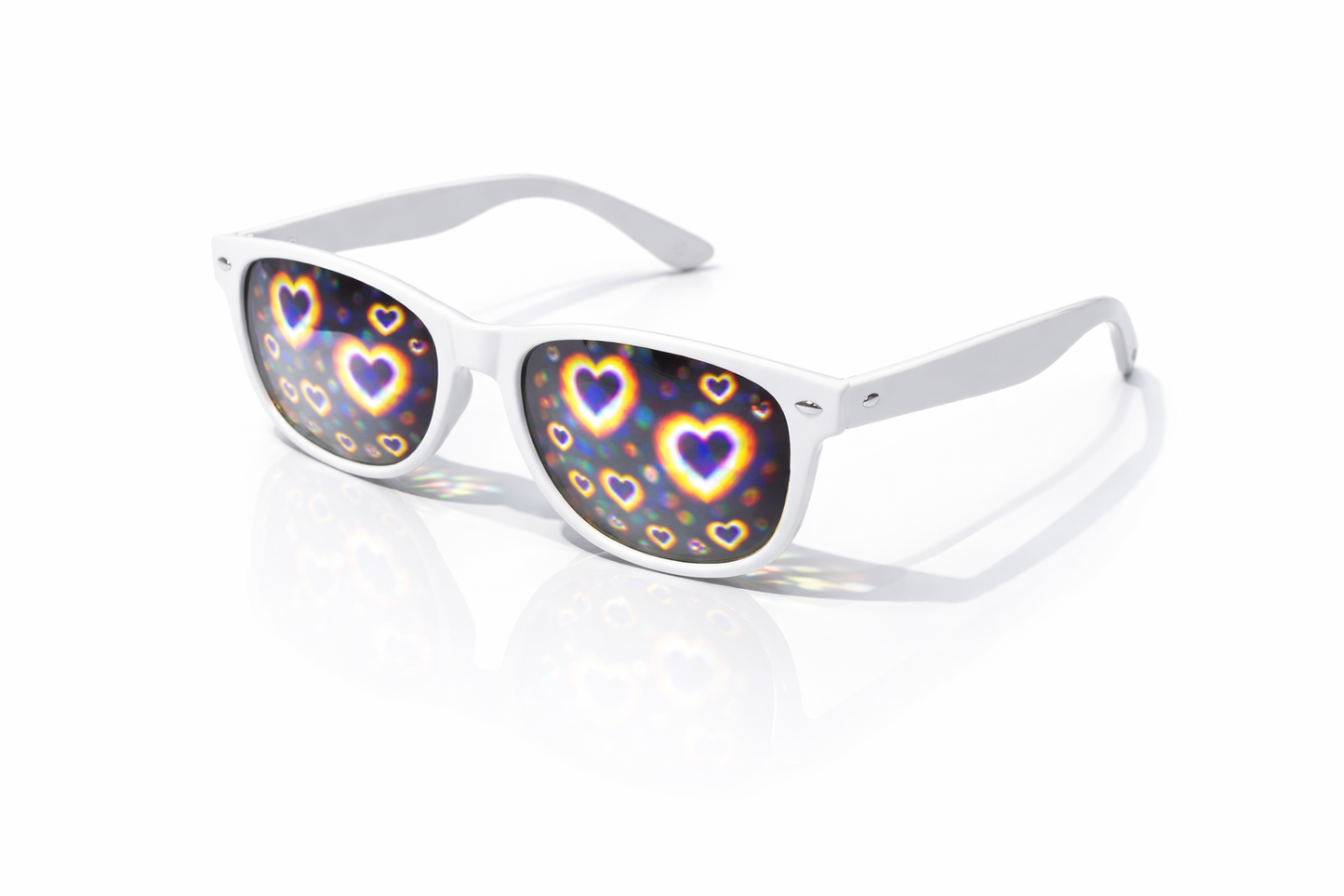 White frame heart diffraction glasses with rainbow love heart light effect lenses on a clean background