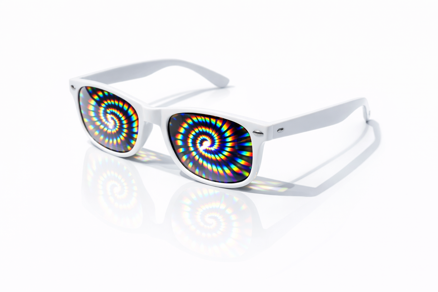 White frame diffraction glasses with rainbow spiral vortex light effect lenses on a clean background