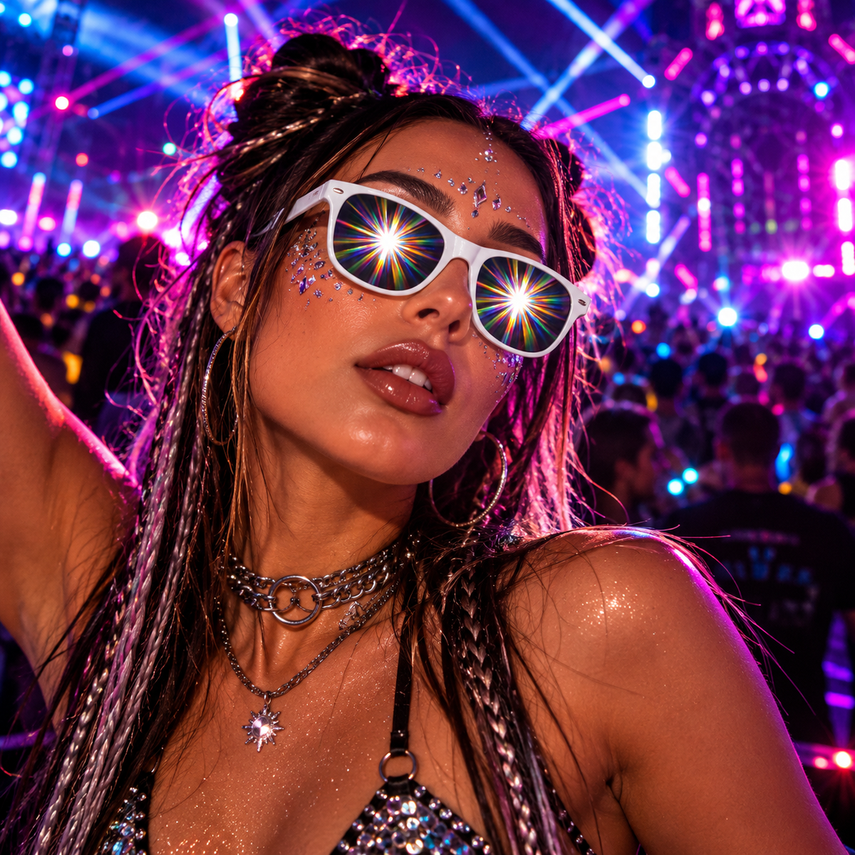White Starburst diffraction glasses worn at an underground neon rave
