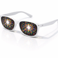 White frame supernova diffraction glasses creating intense rainbow explosion light effects on a clean background