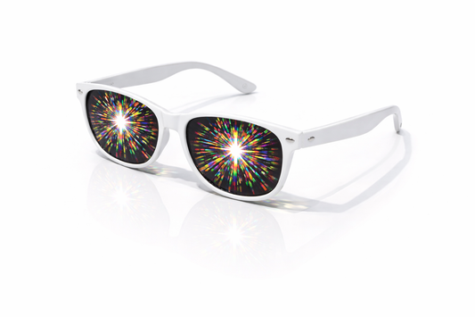White frame supernova diffraction glasses creating intense rainbow explosion light effects on a clean background