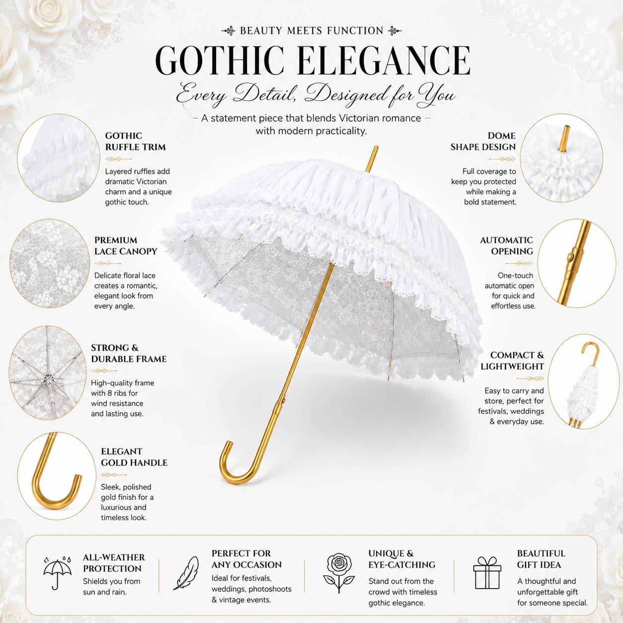Features and benefits of white Victorian lace dome umbrella including ruffles lace canopy and automatic opening