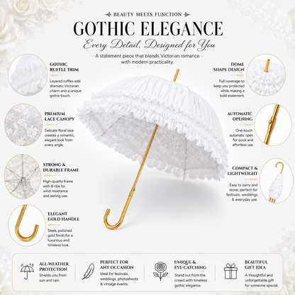 Features and benefits of white Victorian lace dome umbrella including ruffles lace canopy and automatic opening