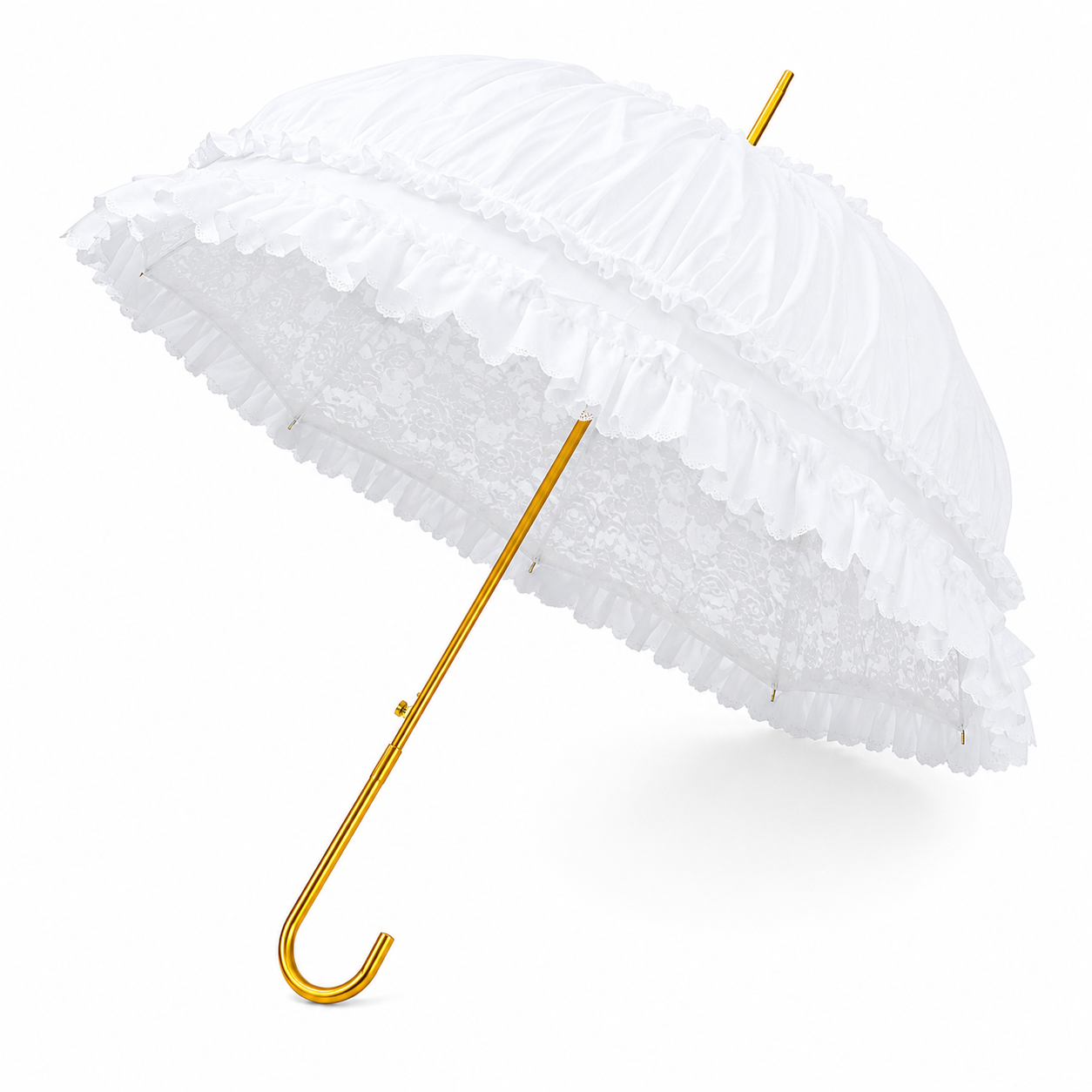 White Victorian lace dome umbrella with ruffle trim and gold handle on white background