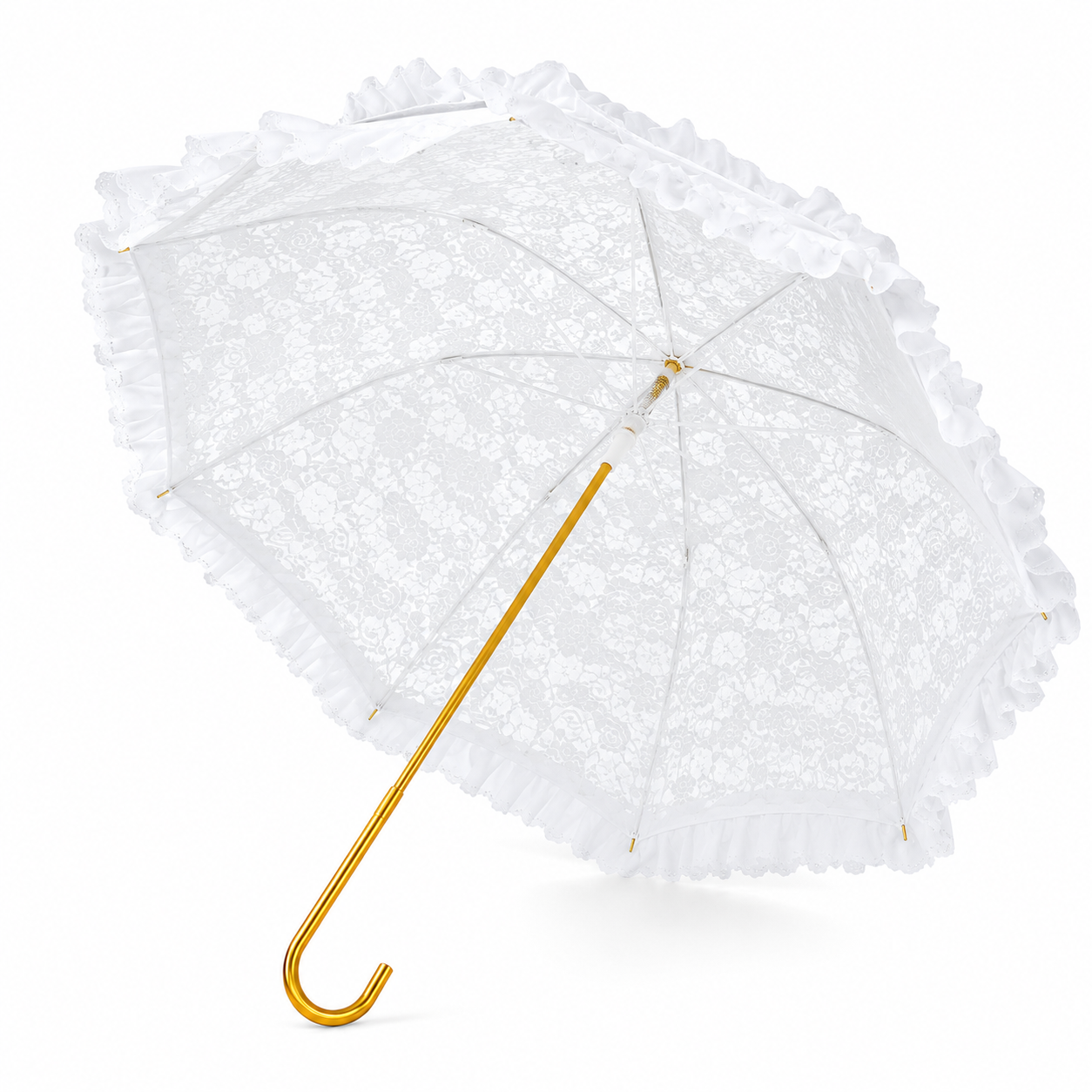 Underside of white lace umbrella showing floral lace canopy and frame details