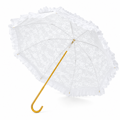Underside of white lace umbrella showing floral lace canopy and frame details