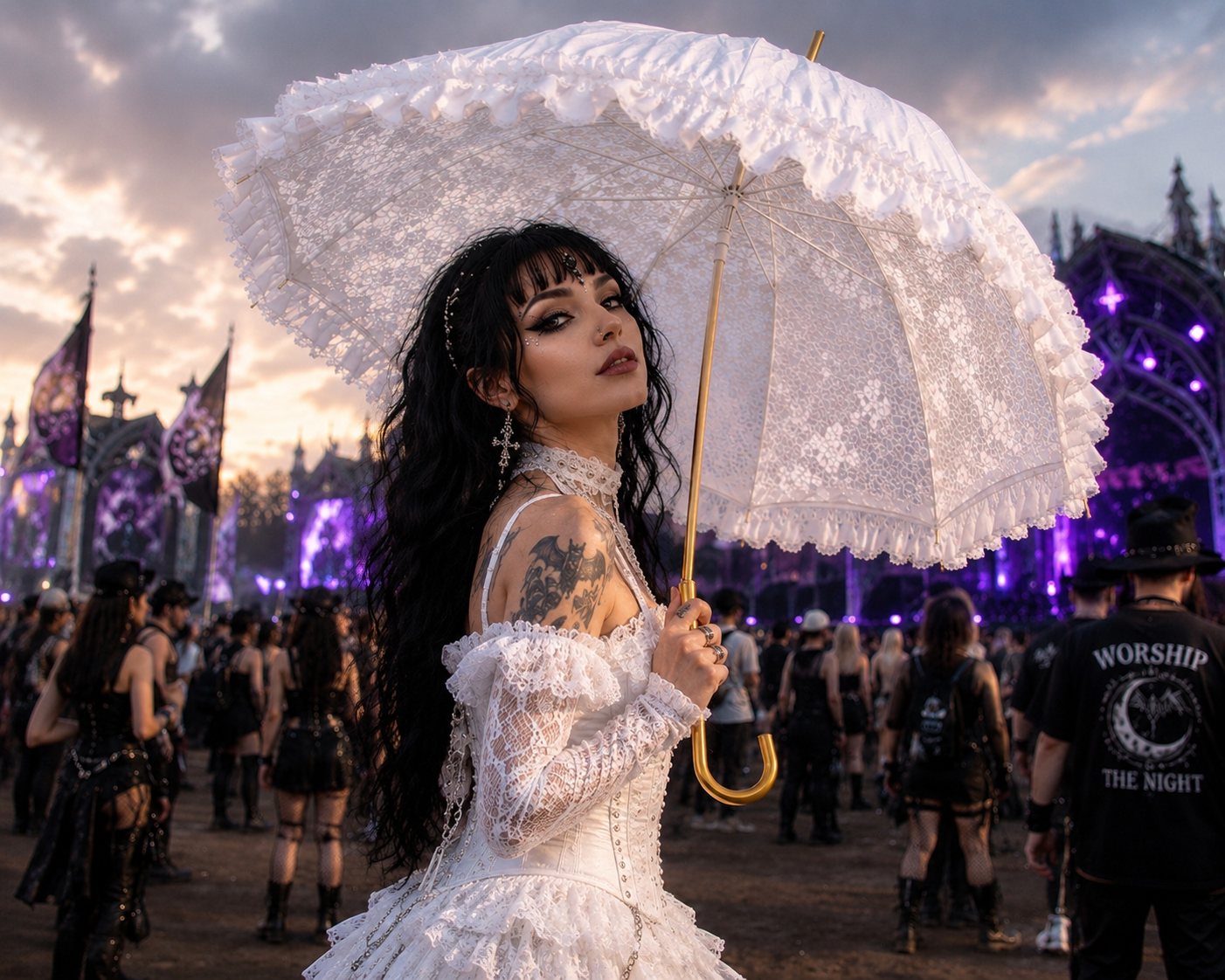 Woman at a music festival holding a white Victorian lace umbrella with gothic styling