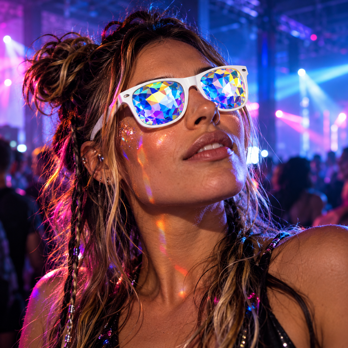 Woman wearing white wayfarer kaleidoscope glasses with colourful prism lenses at a vibrant underground rave.