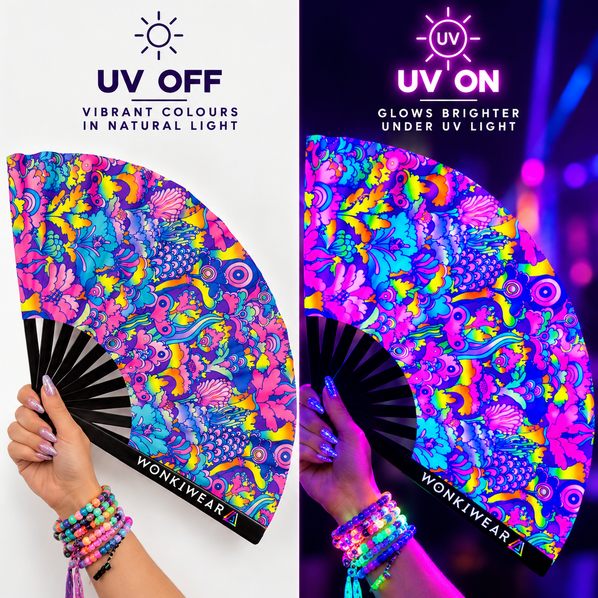 WonkiWear Cosmic Bloom XL rave fan showing its vibrant psychedelic floral design in natural light and glowing under UV blacklight, with pink, blue, purple and neon yellow colours and black ribs.