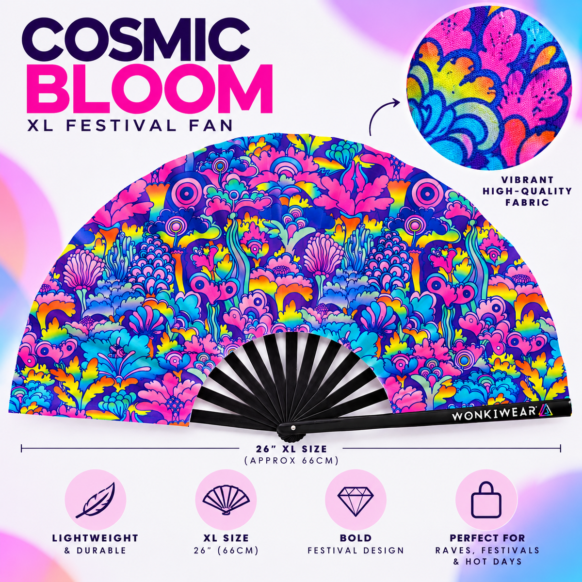 WonkiWear Cosmic Bloom XL rave fan featuring a vibrant psychedelic floral design in pink, blue, purple and neon yellow, with black ribs and branded outer rib. 26-inch (66 cm) wide when open.