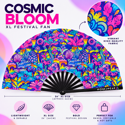 WonkiWear Cosmic Bloom XL rave fan featuring a vibrant psychedelic floral design in pink, blue, purple and neon yellow, with black ribs and branded outer rib. 26-inch (66 cm) wide when open.