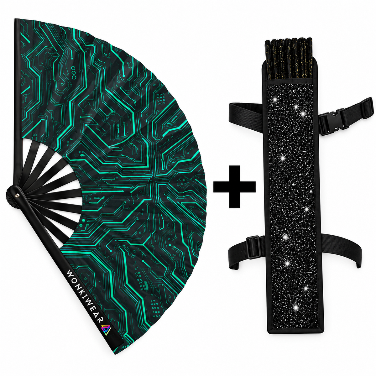 WonkiWear Cyber Circuit folding fan with teal circuit graphics paired with a black glitter fan holster featuring adjustable straps.