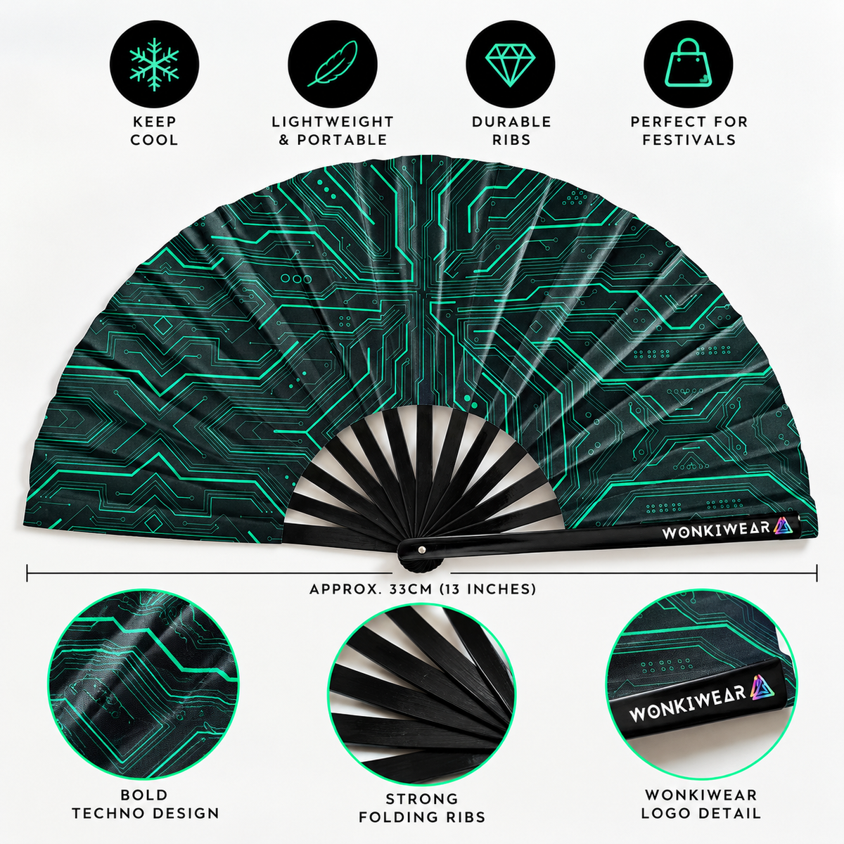 WonkiWear Cyber Circuit folding fan infographic highlighting its teal circuit design, folding ribs, lightweight portable style and approximate 33 cm size.