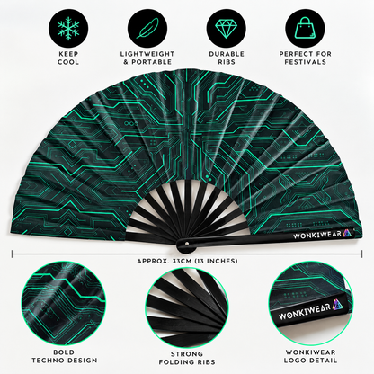 WonkiWear Cyber Circuit folding fan infographic highlighting its teal circuit design, folding ribs, lightweight portable style and approximate 33 cm size.