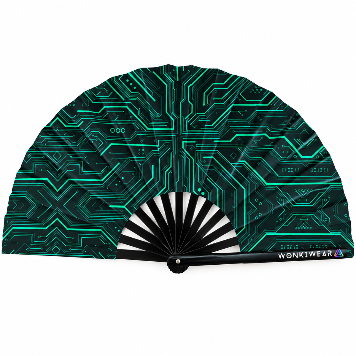 Black WonkiWear folding fan with teal Cyber Circuit graphics and branded black ribs displayed against a white background.