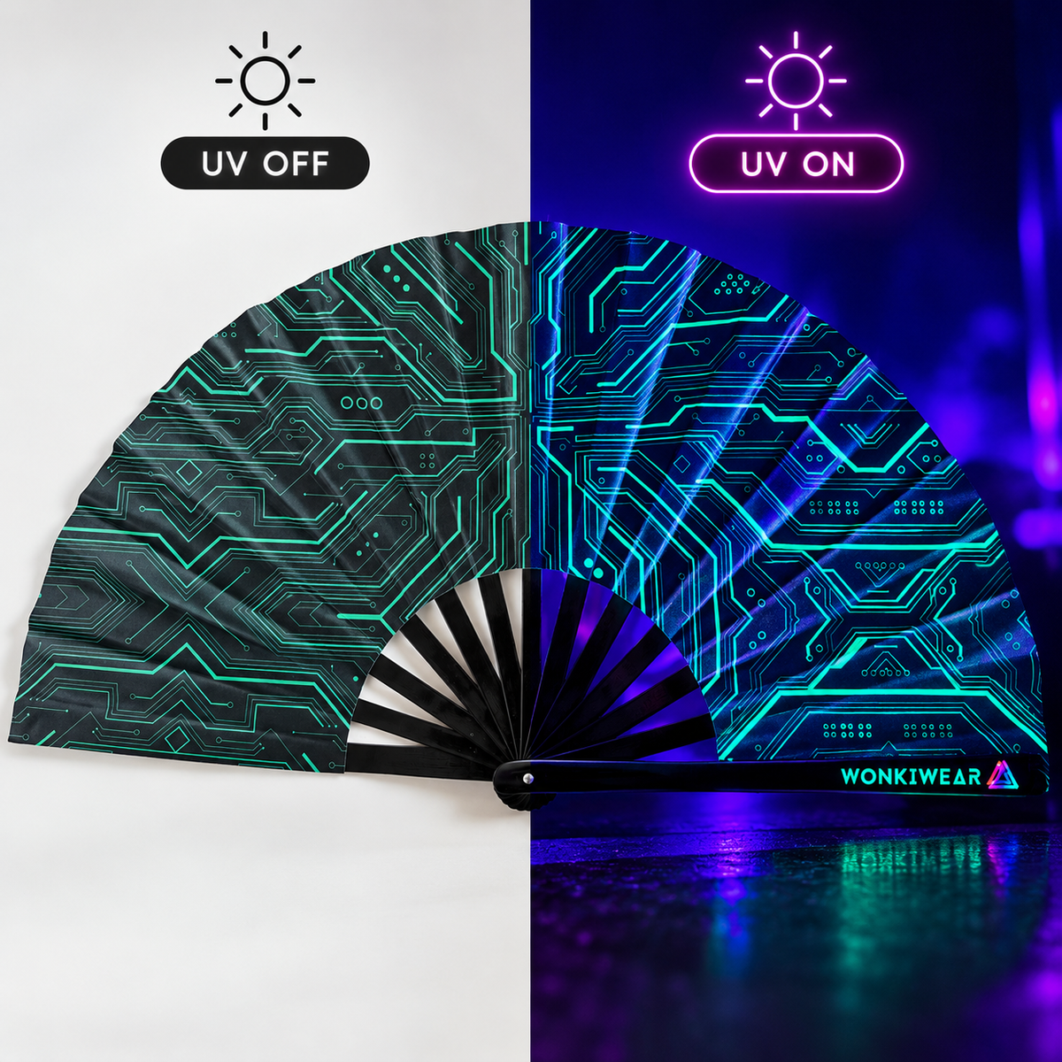 WonkiWear Cyber Circuit folding fan shown under normal lighting and UV lighting to compare its appearance in different environments.