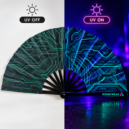 WonkiWear Cyber Circuit folding fan shown under normal lighting and UV lighting to compare its appearance in different environments.