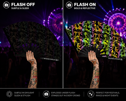Flash reflective mushroom festival fan glowing under camera flash compared to normal lighting