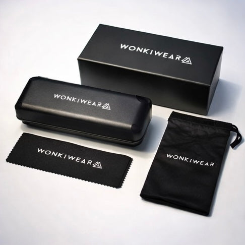 Wonkiwear glasses packaging with box, hard case, pouch and cleaning cloth
