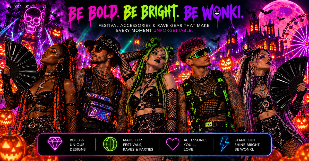 WonkiWear Halloween cyber goth rave festival banner featuring diverse models, black fans, neon lights, pumpkins and gothic festival scenery