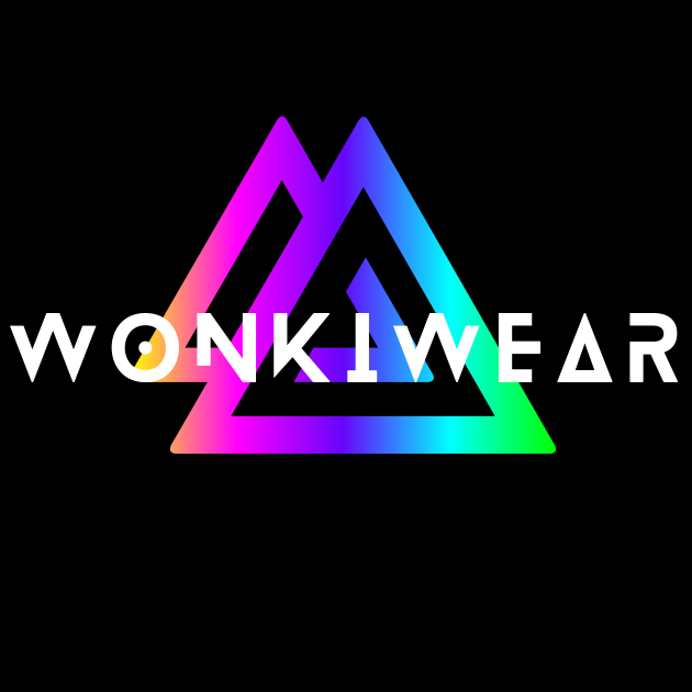 Wonkiwear logo with rainbow gradient triangle on black background