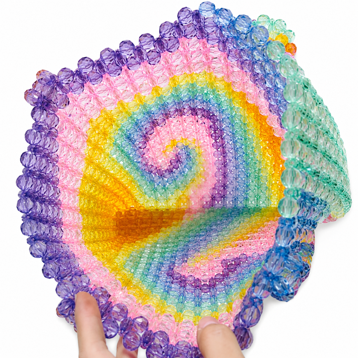 Interior view of handmade rainbow spiral beaded shoulder bag