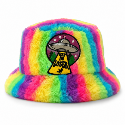Handmade neon rainbow furry bucket hat with UFO embroidered patch on white background