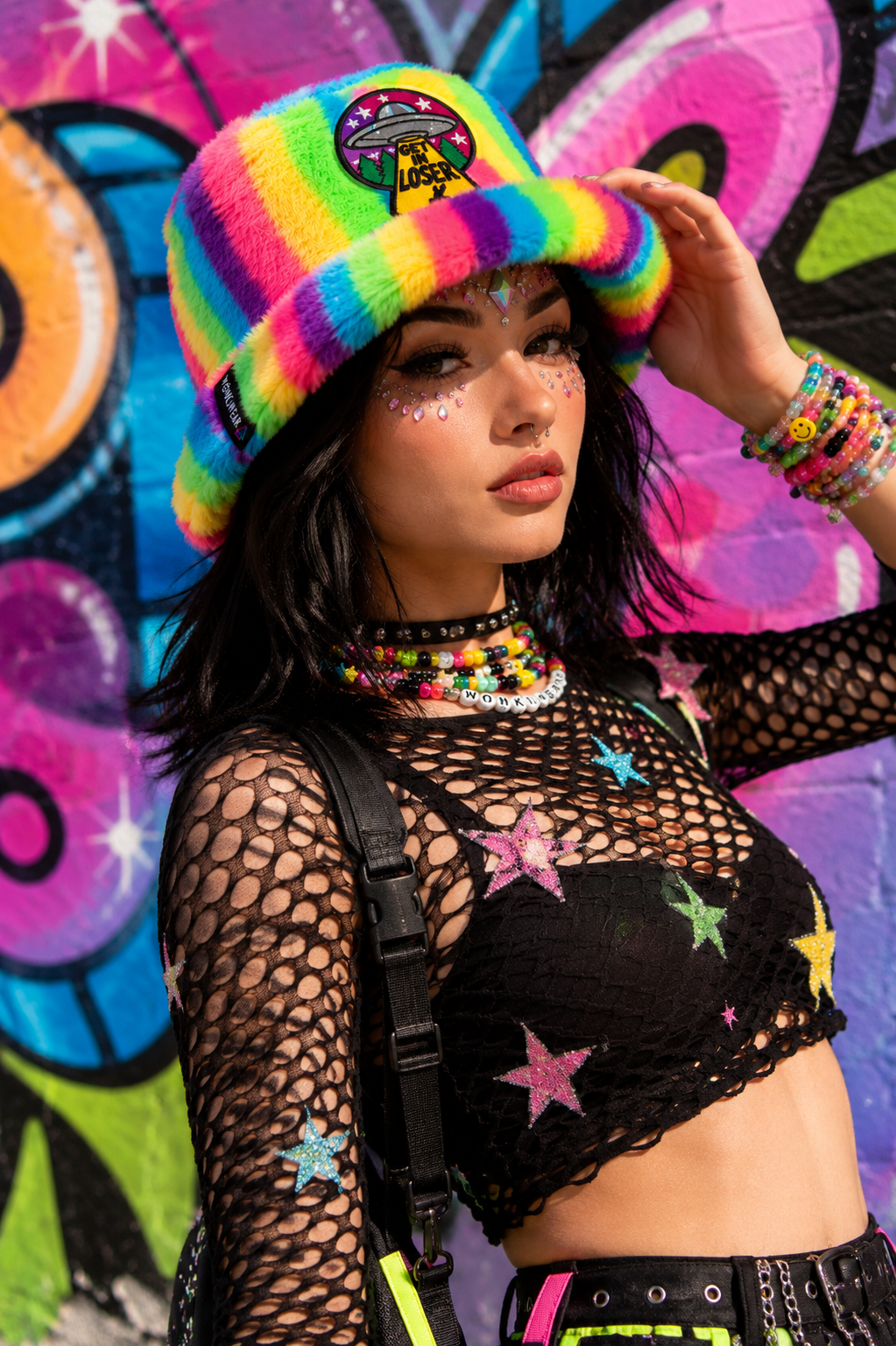 Festival lifestyle shot featuring colourful furry rave bucket hat