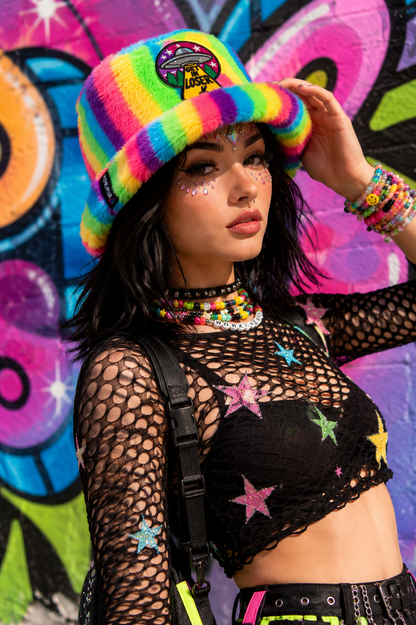 Festival lifestyle shot featuring colourful furry rave bucket hat